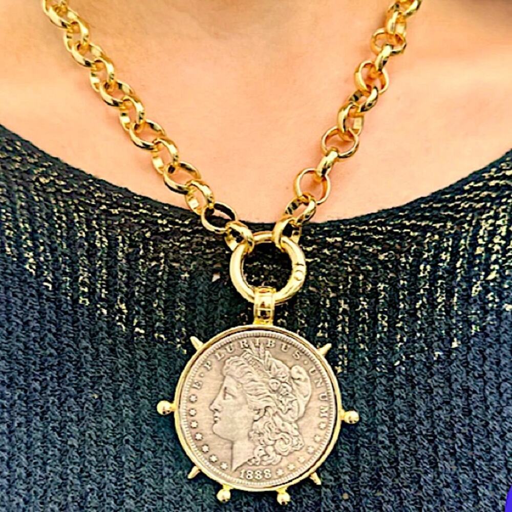 Liberty Coin Statement Necklace Large Chunky Clavicle Choker Two Tone - Picture 4 of 4